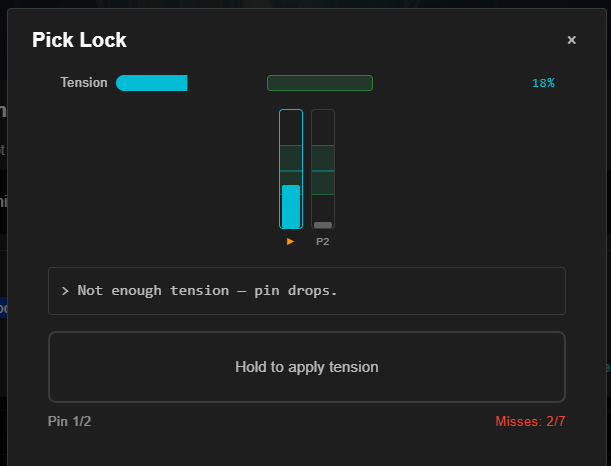 Pick Lock minigame showing tension bar and pin columns
