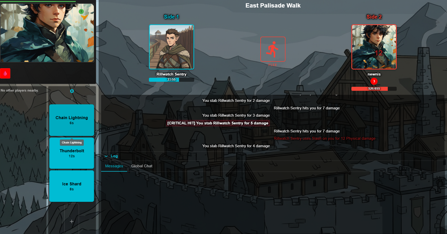 Live real-time combat at East Palisade Walk — skill cooldowns and combat log visible