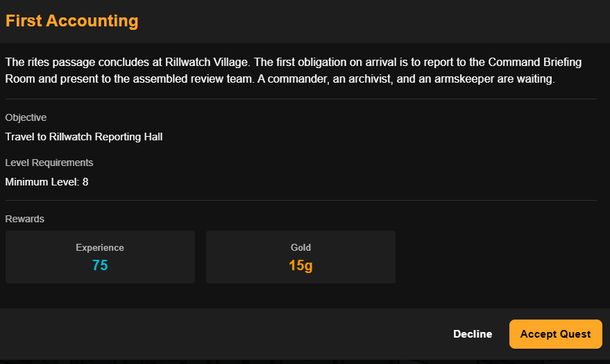 Quest detail screen for First Accounting showing objectives, level requirement, and rewards