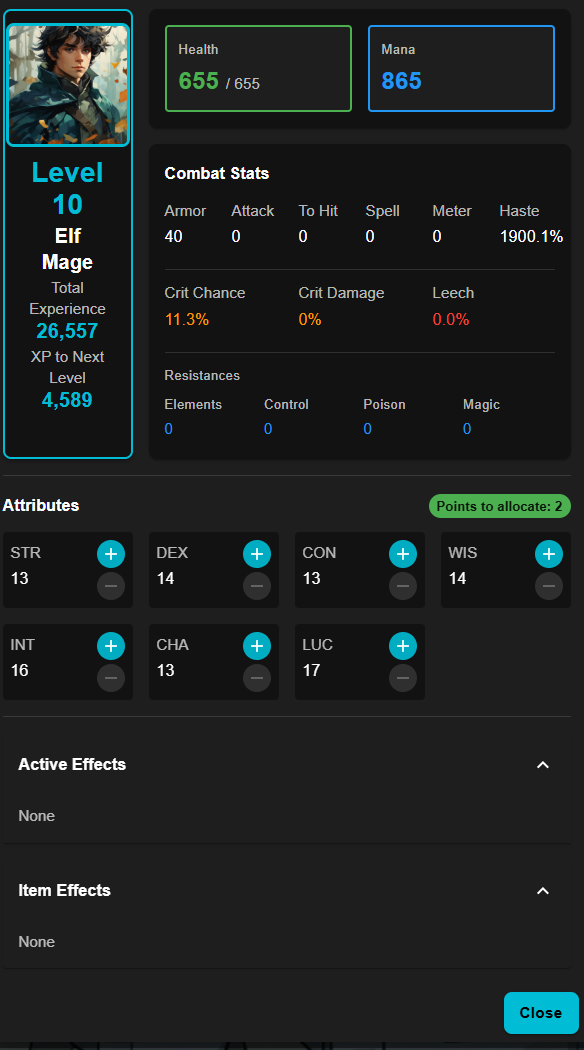 Character sheet for a Level 10 Elf Mage with attributes and combat stats