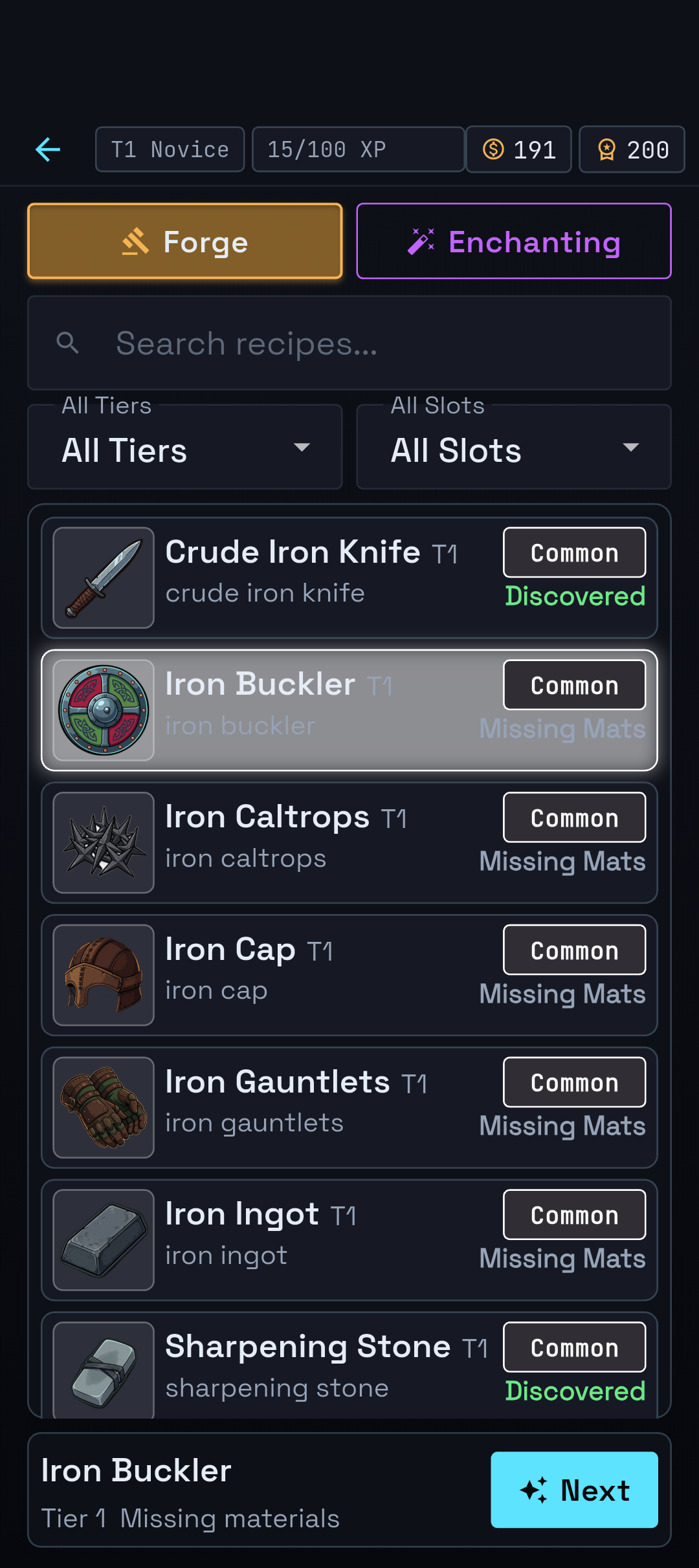 Forge recipe list in the Drust mobile app