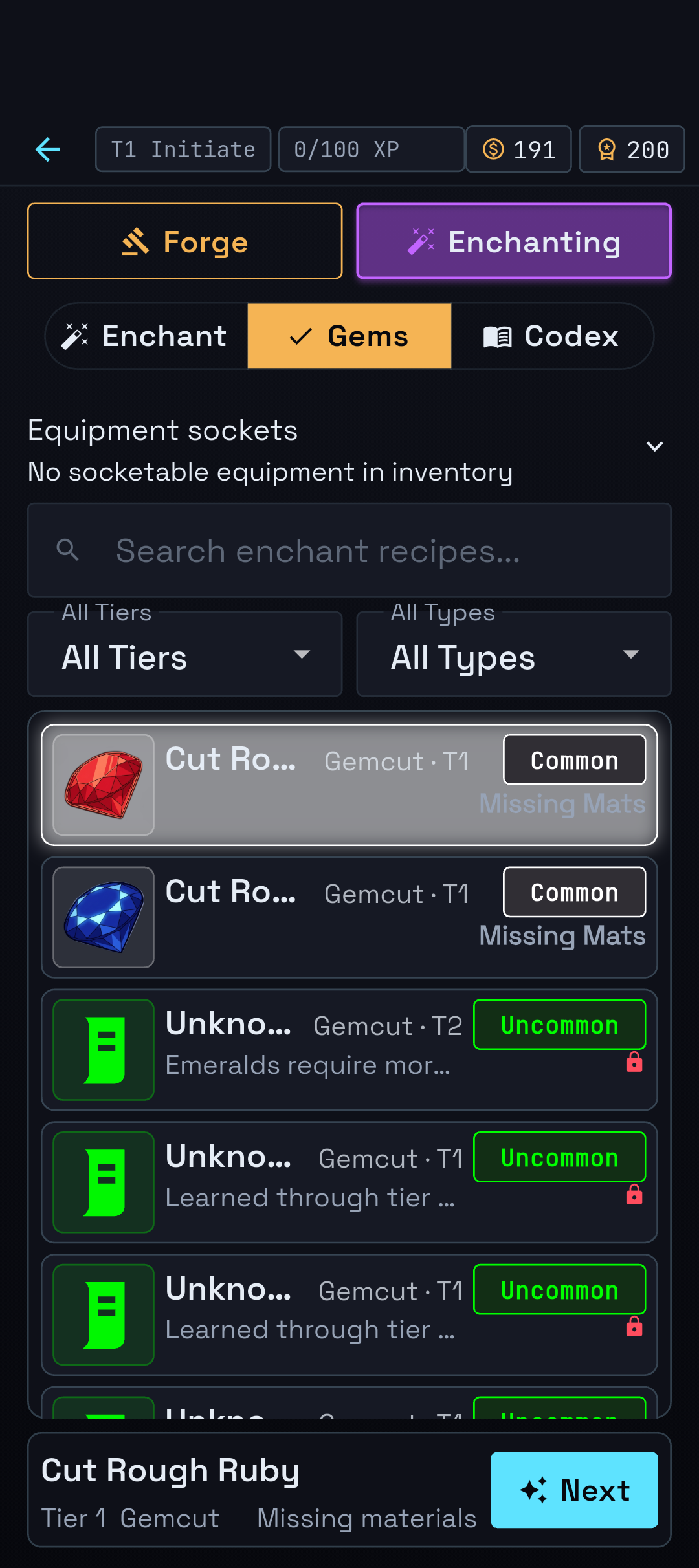 Enchanting and gemcutting screen