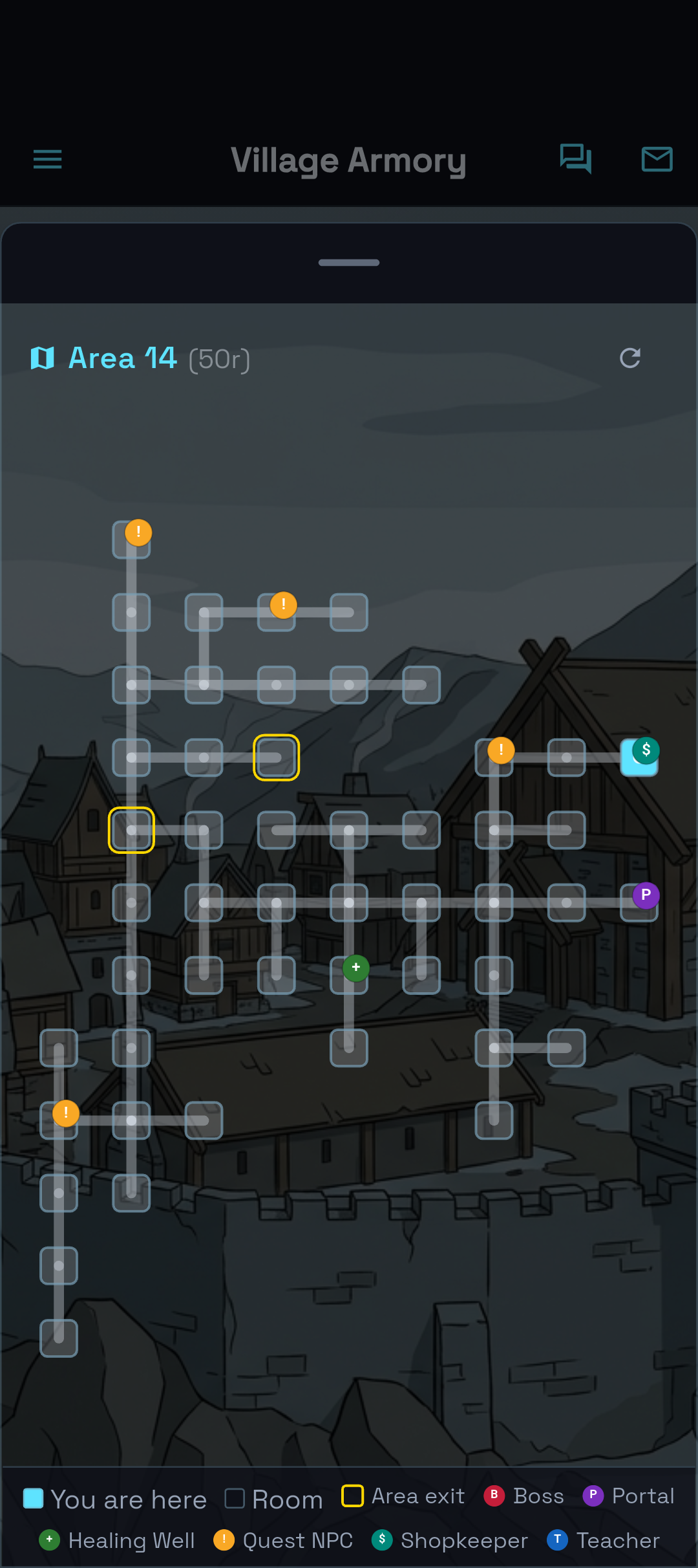 Real-time map of Area 14 with quest, shop, portal and teacher markers