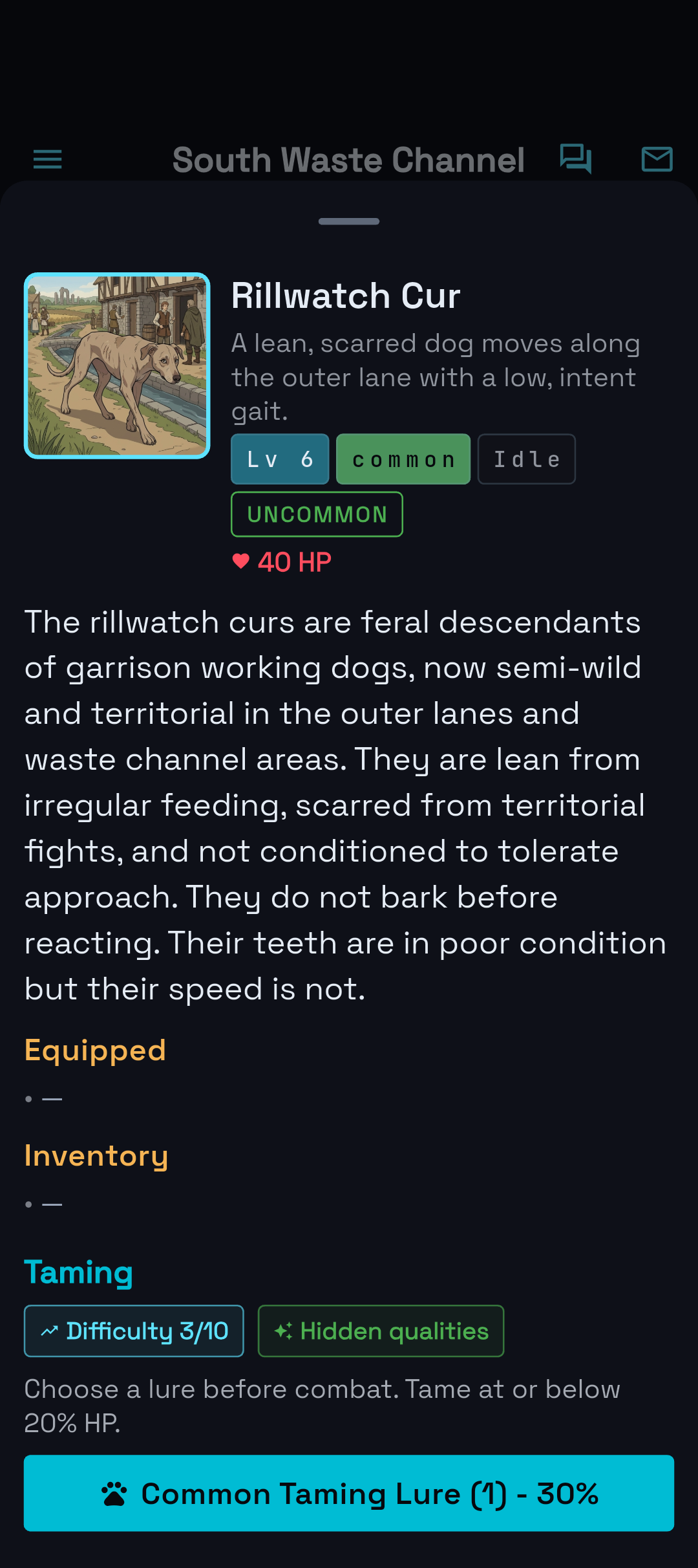 Creature taming screen
