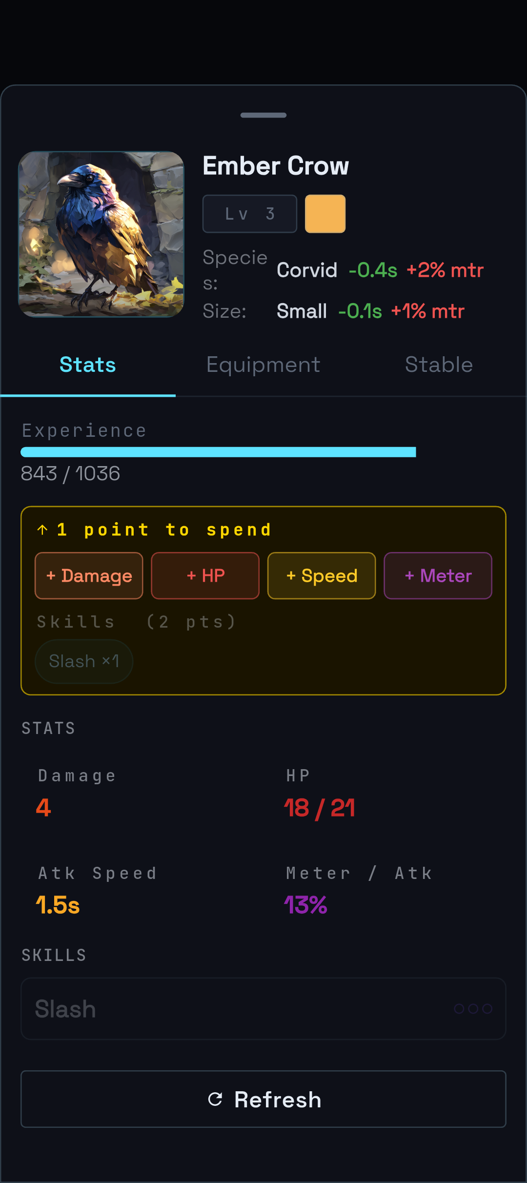 Ember Crow companion stats and progression