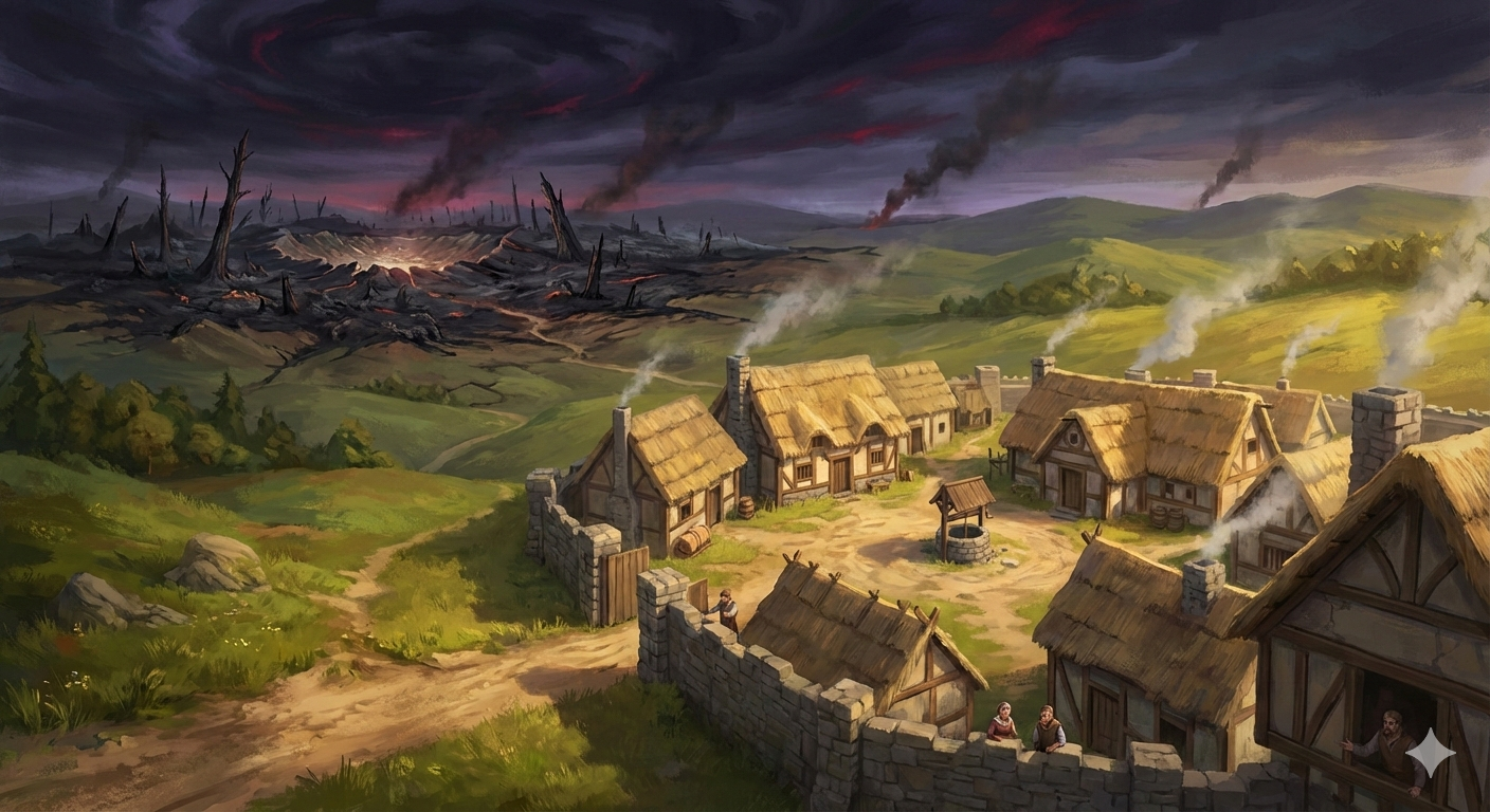 A scorched village in the aftermath of a dragon attack